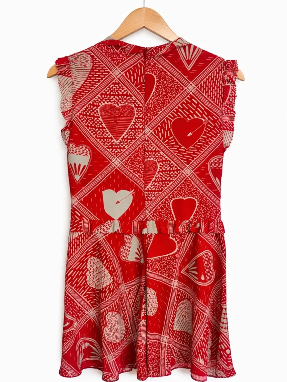 RED Valentino Heart Print Ruffle Dress Flutter Sleeve Drop Waist Designer - Picture 2 of 5